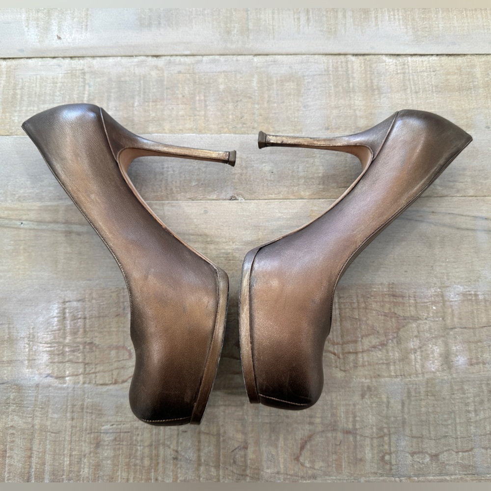 Ysl Yves Saint Laurent bronze leather Tribtoo pumps heels platform shoes - Picture 13 of 14